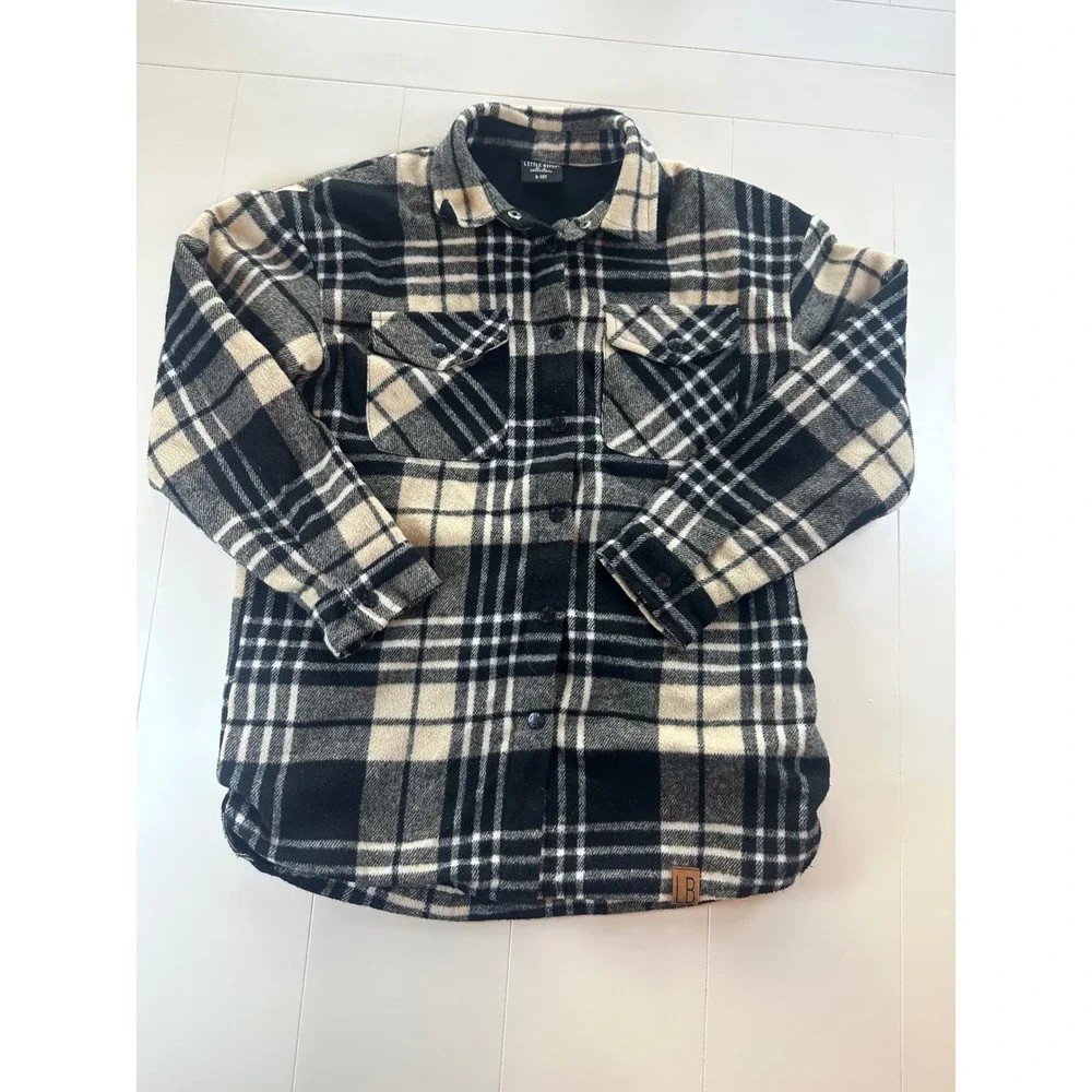 Little Bipsy Shacket Kids 9-10Y Plaid Wool Blend Black Cream Snap Front Jacket